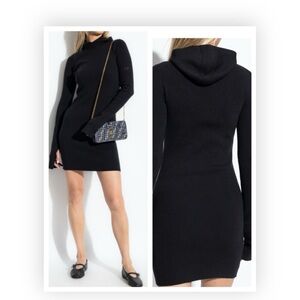Fendi black ribbed logo sleeve Dress with hood